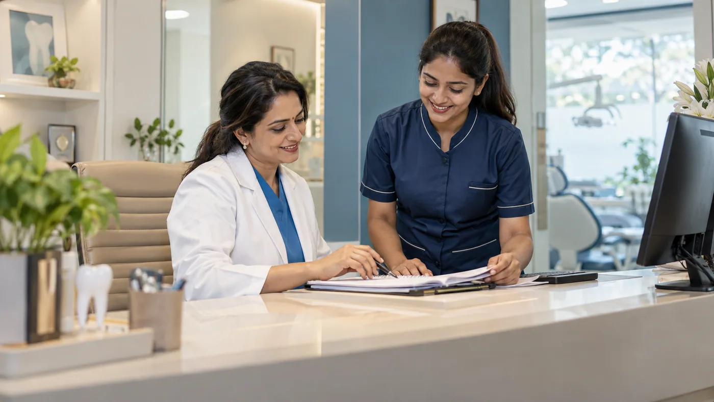 Illustrative clinic owner and receptionist reviewing the day's appointments