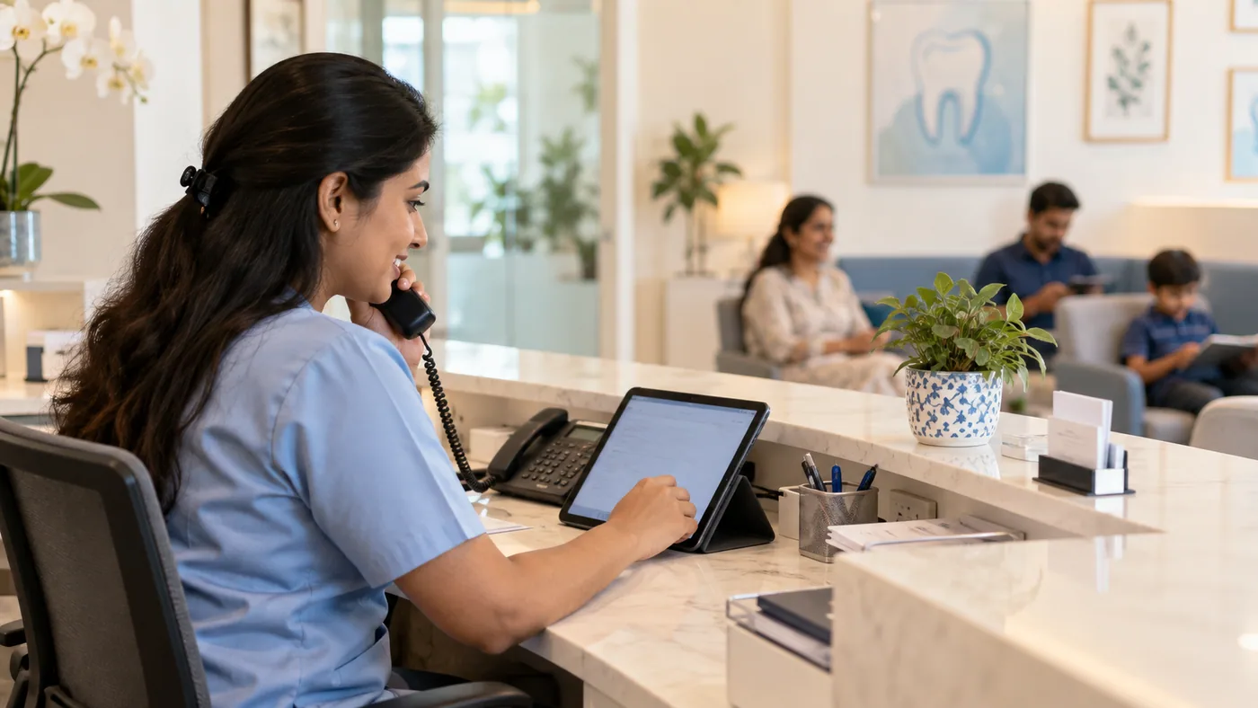 Illustrative receptionist speaking with a patient by phone